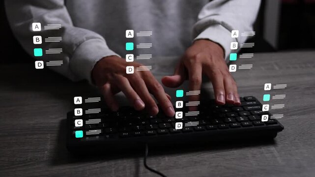 Online assessment system with multiple choice questions on a digital interface, featuring electronic examination, survey evaluation, voting selection, feedback collection, and educational technology.