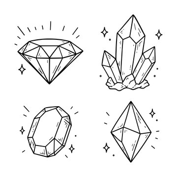 Hand Drawn Crystal Gemstone Diamond Vector Set Line Art Illustration