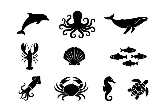 Sea Animals Silhouette Vector Set Marine Life Fish Dolphin Octopus Collection