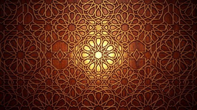 Islamic geometric wooden carving pattern with bright golden center glow, Arabic arabesque decorative background and classic oriental texture
