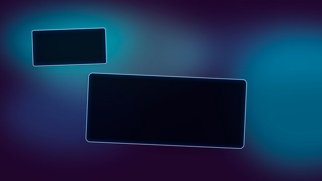 Several translucent neon rectangles drift above a moody blue background, conveying digital creativity and serving as a backdrop for tech blogs and ads.