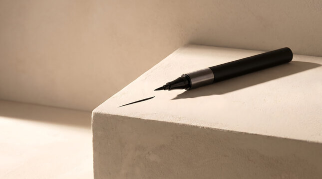 Black Eyeliner Pen with Ink Stroke on Beige Concrete Surface