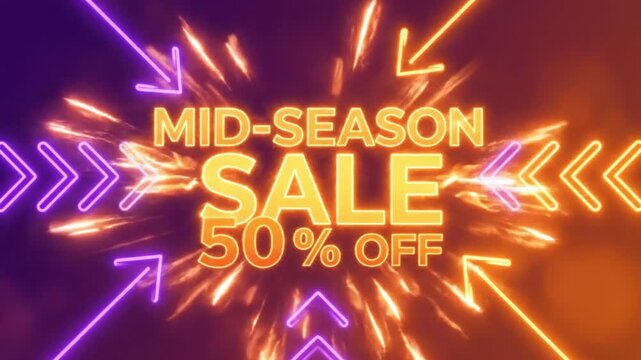 Mid-season sale fifty percent off glowing neon text animation with moving directional arrows for marketing promotion video motion graphic background