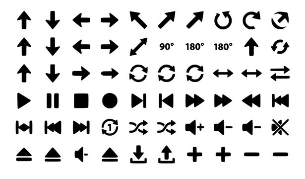 Diverse Black Arrow and Music Play Button Icon Set
