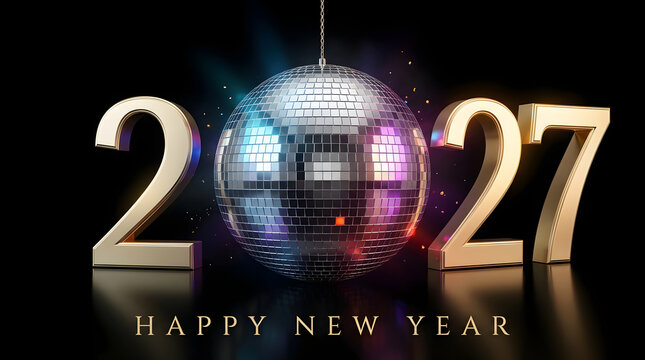 Bright, festive gold numbers on a silver disco ball for a shimmering holiday party or new years celebration invitation. Ideal for digital designs.