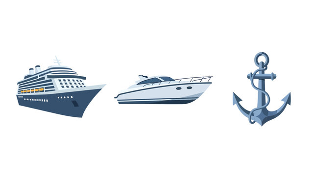 Set of nautical elements including a cruise ship, a yacht, and an anchor, isolated on white background.