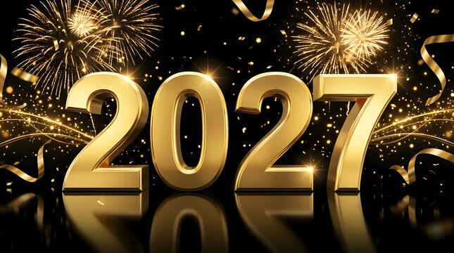 Great for new years eve invitations or festive greeting cards, featuring bold golden numbers recalling the year 2027 with sparkles and confetti.