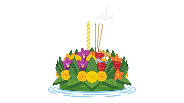 Loy Krathong festival float decorated with flowers, candle, and joss sticks vector illustration