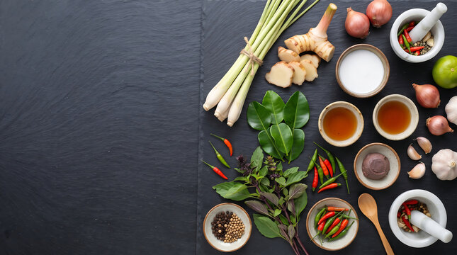 Thai spice ingredients flat lay with peppercorns and herb bundles on slate