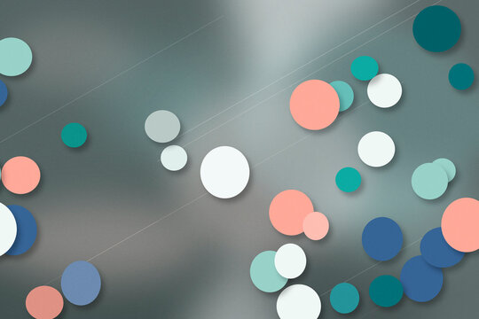 Floating 3D spheres in teal, coral, and white rest on a blue-gray gradient background, creating a playful, futuristic feel for product and app ads.
