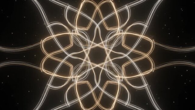 Futuristic cybernetic symmetrical tech pattern with light streams and glowing particles