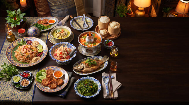 Elaborate Thai dinner table with fish, curry, pad thai and rice by candlelight
