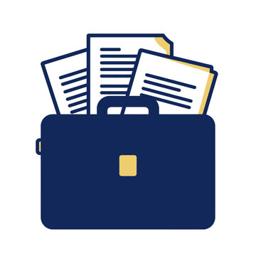 Professional business briefcase containing important documents and papers icon illustration for corporate work management, legal files, and office career success in flat vector style