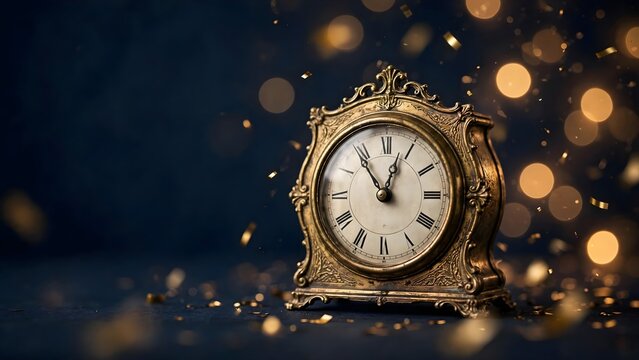 Elegant antique countdown clock surrounded by warm golden bokeh and scattered festive decorations on a dark surface, ideal for sophisticated New Year designs
