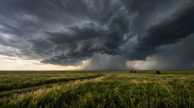 Severe storm cloud with heavy rain over green field