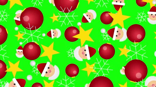 Christmas floating ornament overlay transition with santa claus, ice crystal, red baubel on green screen background
