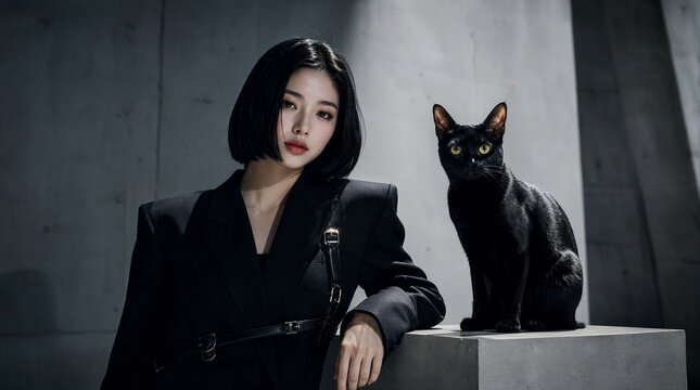 黒猫と一緒の黒いスーツを着た女性