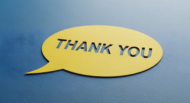 A golden speech bubble showing the word thank you on a blue surface representing customer appreciation and positive business feedback for marketing communication or expressing gratitude to