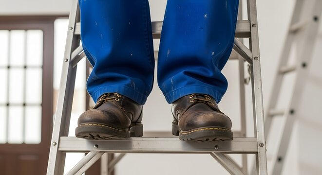 A construction professional wearing durable work boots stands safely on a metal ladder during a home renovation project to complete repairs while maintaining proper stability and safety at work
