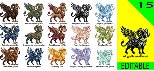 Obraz premium Collection of 15 fantasy winged ram illustrations with griffin crowned celestial ornamental and floral guardian designs vector editable