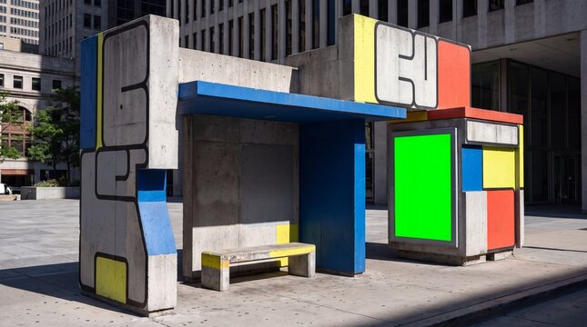 modern architectural style, an urban bus shelter showcases neo-brutalist design with bold colors and shapes