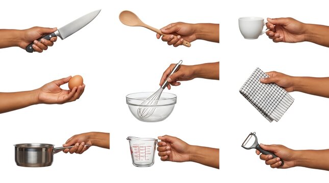 Collage of hands performing various kitchen tasks and holding cooking utensils with food preparation holding objects kitchen tools