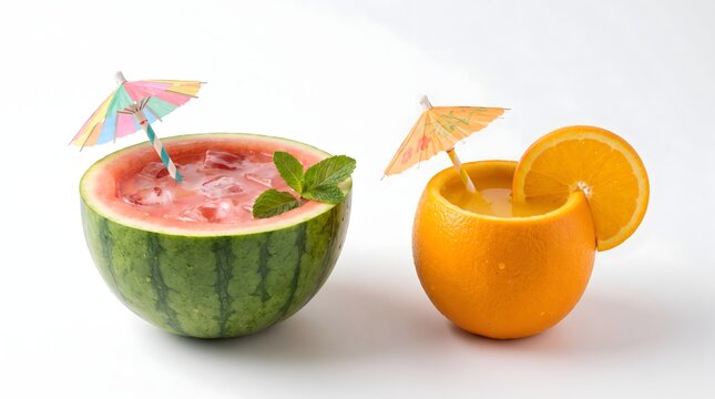 Refreshing watermelon and orange fruit cocktails with tiny decorative umbrellas fruit cocktail watermelon drink refreshing beverage