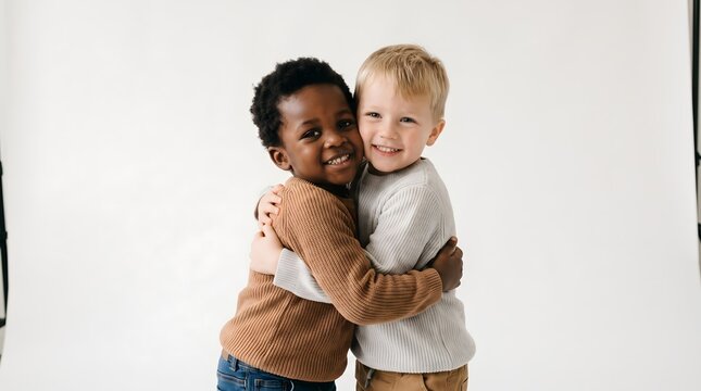 Two diverse little boys hugging each other in a studio setting with childhood friendship diverse kids young boys brotherly love children