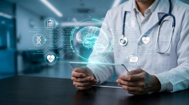 Doctor viewing a digital 3D brain projection in a hospital with brain scan digital health medical technology artificial intelligence