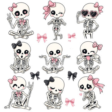 Kawaii skeleton girl collection with pink bows, cute pastel goth aesthetic characters, 9 cartoon skull illustrations for Halloween stickers and apparel