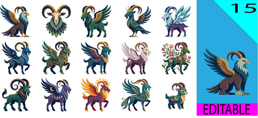 Obraz premium Collection of 15 fantasy winged goat illustrations with griffin eagle floral celestial and ornamental ram designs vector editable