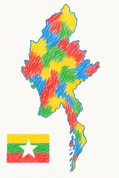 Myanmar hand-drawn map with national flag, colored pencil crayon sketch, Republic of the Union of Myanmar country map, colorful administrative regions, Southeast Asia educational travel illustration 