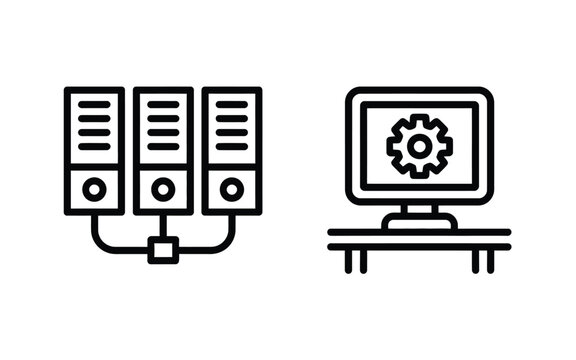 Server network and computer configuration line art icon set featuring connected database servers and monitor with gear symbol