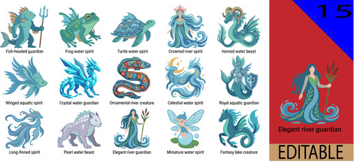 Fototapeta premium Collection of 15 fantasy water spirits and mythical aquatic guardians with elegant river guardians and enchanted lake creatures vector illustration