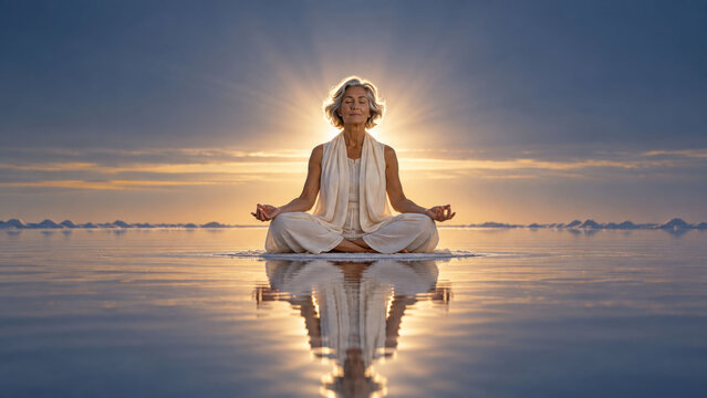 Mature Woman Meditating on a Salt Flat with Golden Backlight and Water Reflection