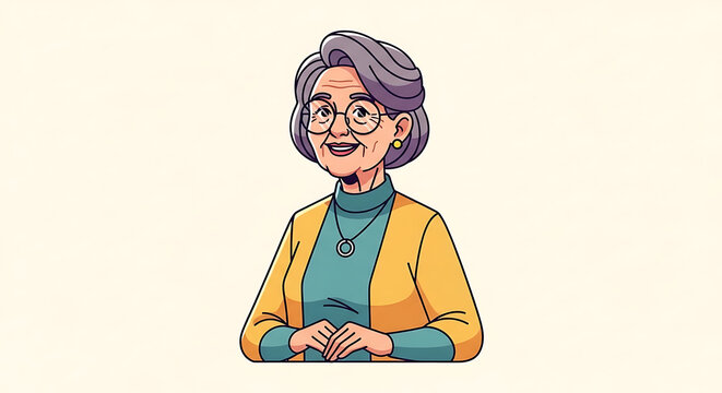 Friendly elderly woman with glasses smiling in a colorful cartoon style illustration.