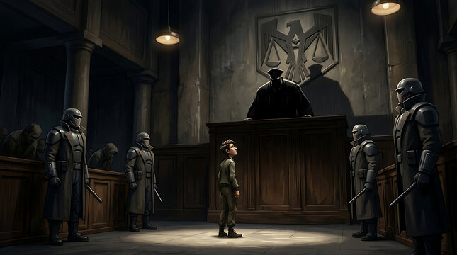 A young boy standing alone in a dark courtroom before a judge and armed guards.