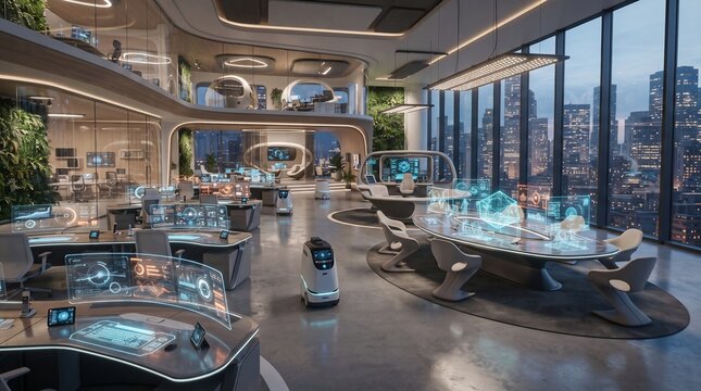 Futuristic high tech office with holographic displays and robots