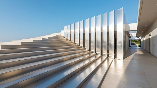 Sleek modern architecture features a wide set of stairs ascending alongside a wall of vertical polished metal panels.