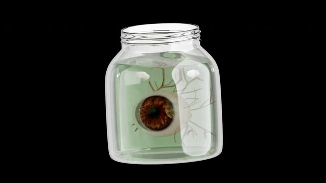 3D eyeball preserved inside a glass jar slowly rotates and tilts in a spooky Halloween scene, featuring realistic glass, organic detail, and transparent background for horror and supernatural content.