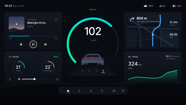 Modern smart car dashboard UI illustration with digital speedometer, navigation map, music player and climate control interface. Futuristic automotive display design ideal for electric vehicles.