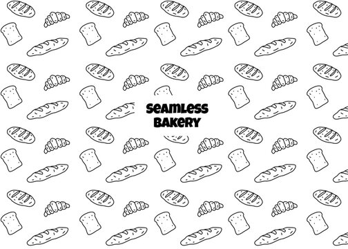 Seamless bakery. Bread illustration pattern with white background, food packaging. Menu illustration hand drawn print ads, food business, bakeshop