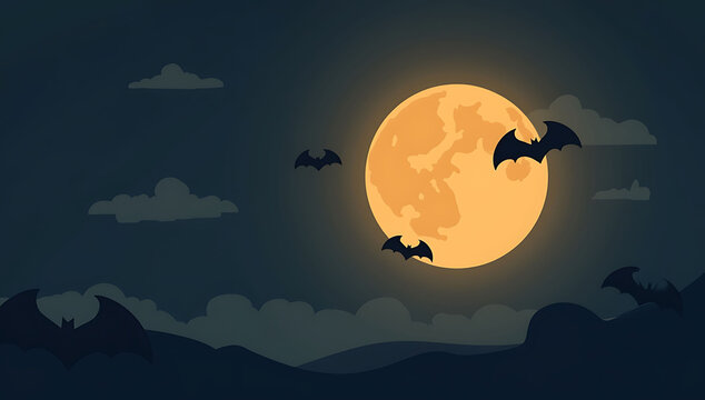 Spooky halloween night sky with glowing full moon and flying bats silhouette