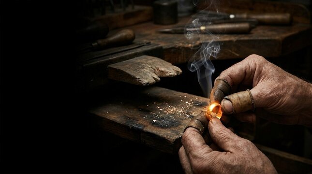 Close up of experienced artisan goldsmith hands crafting a glowing hot gold ring at wooden workbench with smoke. Traditional jewelry making process and meticulous manual labor