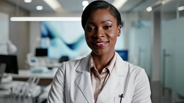 Smiling Black female dentist in white lab coat at modern clinic. Professional medical background with dental equipment and bright studio lighting.
