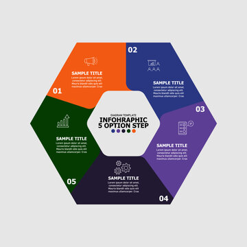 Hexagonal vector infographic with 5 options or steps for visual presentations, reports, slides, or annual business reports. editable vector.