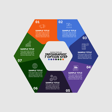 Hexagonal vector infographic with 7 options or steps for visual presentations, reports, slides, or annual business reports. editable vector.