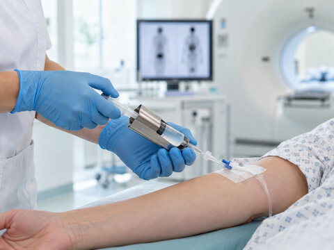 Hands administering a tracer injection through an IV line into a patie