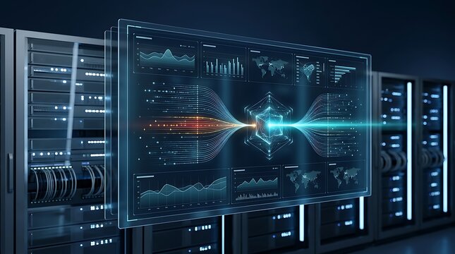 Transparent glowing digital interface screen displaying analytics graphs, world maps, and a central glowing hexagon node, positioned in front of server racks in a dark data center room.