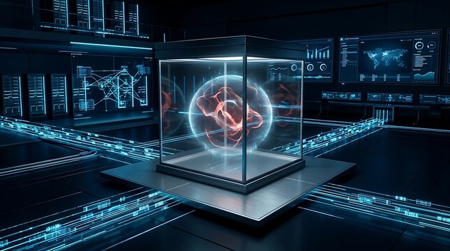 Futuristic central glass cube housing a glowing red and blue energy sphere, resting on an elevated platform connected to digital circuit pathways in a dark high-tech control center room.